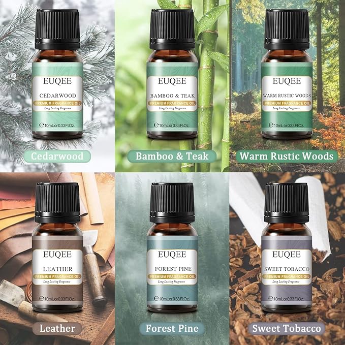 EUQEE Fragrance Oils Gift Set Premium Woody Scented Oil - Forest Pine, Warm Rustic Woods, Bamboo & Teak, Cedarwood, Leather, Sweet Tobacc(Honeyed Haze), for Diffuser, Soap Making, Candle - 6x10ml EUQEE
