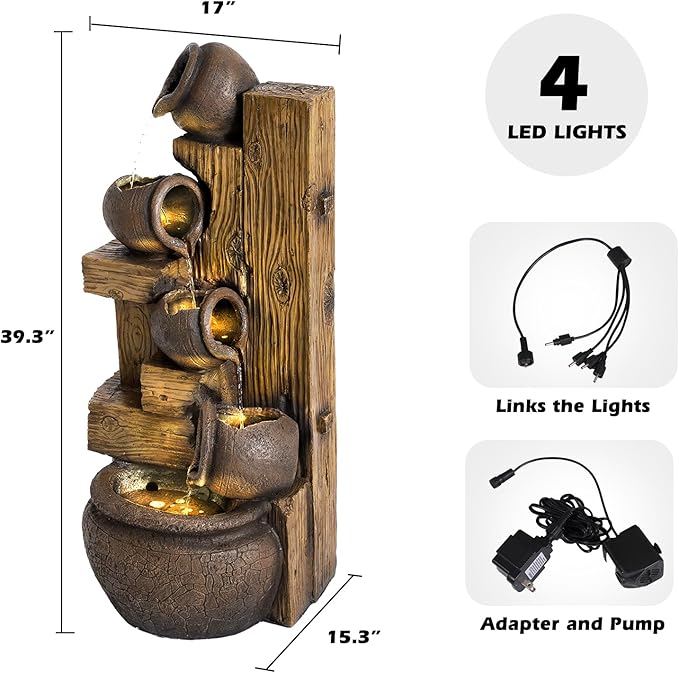 Grepatio 39.3" Tall Outdoor Water Fountain Garden Waterfalls Fountain with LED Lights 5 Tier Modern Indoor/Outdoor Floor Standing Water Fountain with Pump for Garden, Patio, House Decor (Brown) - Bloomnest