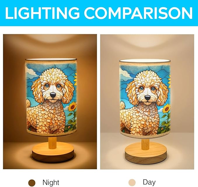 Poodle Table Lamp LED 3-Color Pressed Bedside, Dog Shade Lamp with Wood Base for Bedroom Living Room Desk Office - Bloomnest