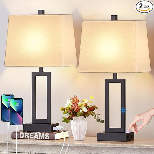 23.5" Touch Control Table Lamps Set of 2, Bedside Lamp with 2 USB Ports & AC Outlet, 3-Way Dimmable Nightstand Lamp with White Linen Shade for Living Room Bedroom End Table Office(2 LED Bulb Included) - Bloomnest
