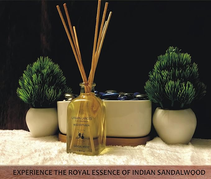 Reed Diffuser | Sandalwood | Made with Sandalwood Essential Oil | Luxurious Reed Diffuser | Handpoured in India | 3.38 fl oz | Includes Fibre Reed Sticks URBANGANGES