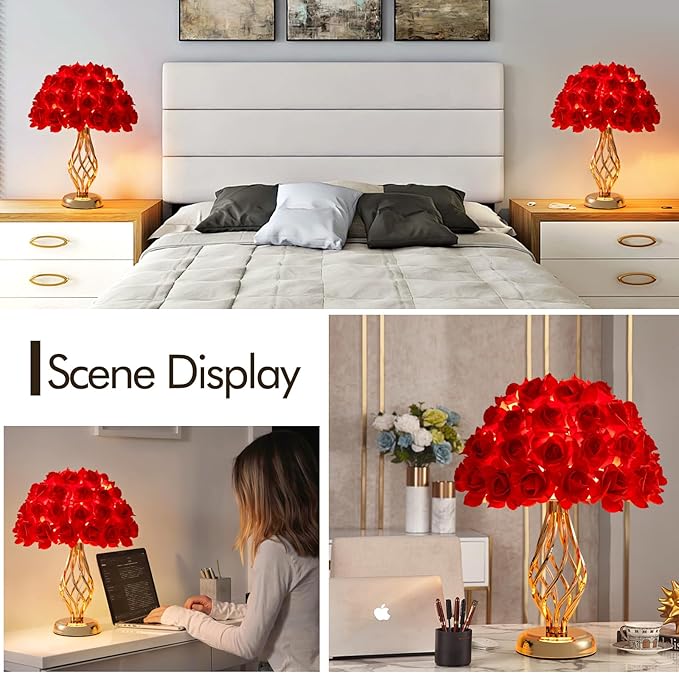 Red Rose Flowers Lamp Artificial Flower Table Lamp Bouquet Desk Lamp Romantic Princess Nightstand Petal Light for Valentines Mother's Day Bedside Lamp Wedding Deco Party Home Bedroom - Bloomnest