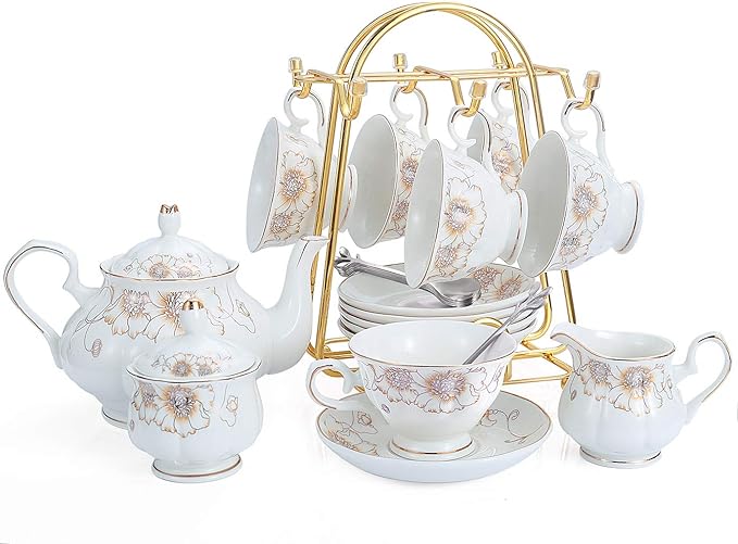 CHENP.HMC Tea Set 22-Piece Porcelain Ceramic Coffee Tea Gift Sets Cups Saucer Service for 6 Teapot Sugar Bowl Creamer Pitcher and Teaspoons (Chrysanthemum) - Bloomnest