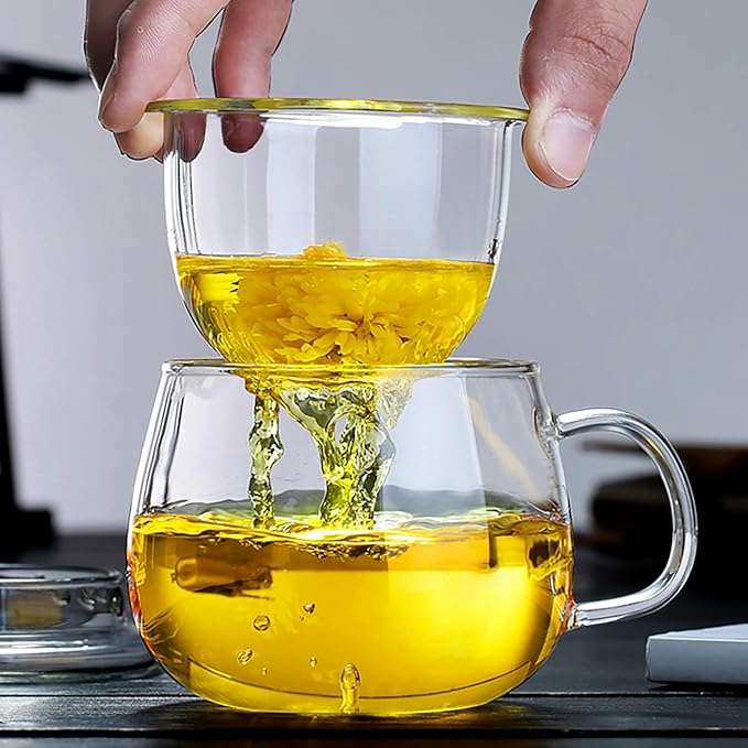 Lezero 13oz Tea Infuser Cups Kits, Glass Mugs with Filter Basket and Lid for Loose leaf Tea Brewing, Heat Resistant, Lead-free, Microwave & Dishwasher Safe - Bloomnest