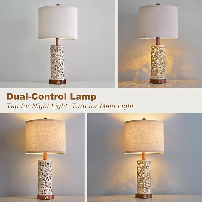 22" Dual Light Table Lamps Set of 2 for Living Room, Touch Lamp with 3-Level Dimming, USB A+C Table Lamp for Bedroom, Farmhouse Lamps for Night Stands(Brown, Bulb Included) - Bloomnest