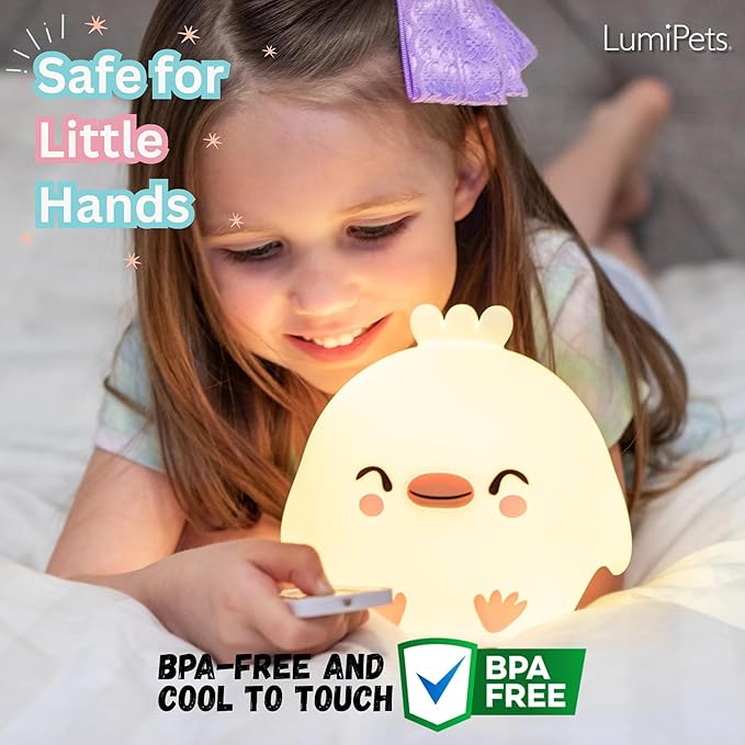 Lumipets Clara The Chick Squishy Silicone Night Light for Kids | Cute Night Light with Remote & Touch Control for Baby & Toddler Bedrooms | Color Changing Portable Animal Nightlight | Soft Mood Lamp - Bloomnest