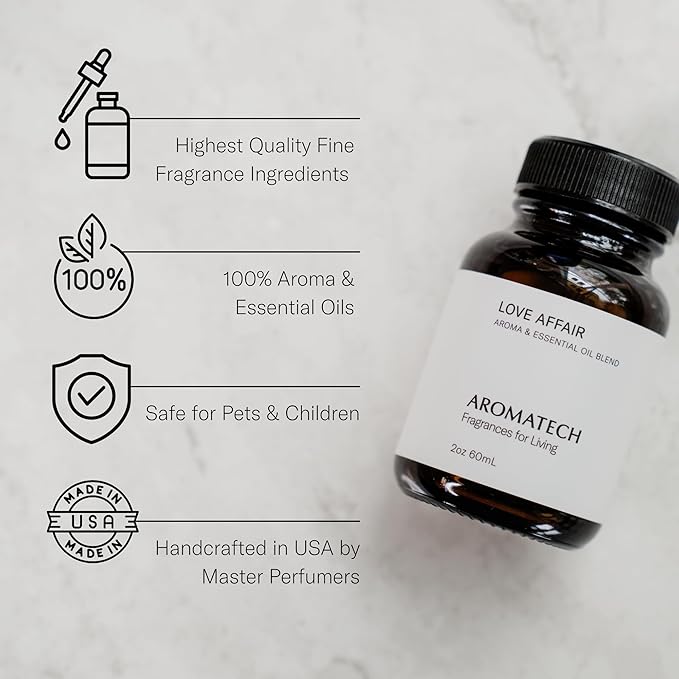 AromaTech Love Affair Aroma Essential Oil Blend: Luxury Hotel Inspired Aromatherapy with Jasmine, Saffron, Cedar & Amber for Ultrasonic Diffusers & Nebulizers - 4 fl oz, 120 mL - Bloomnest