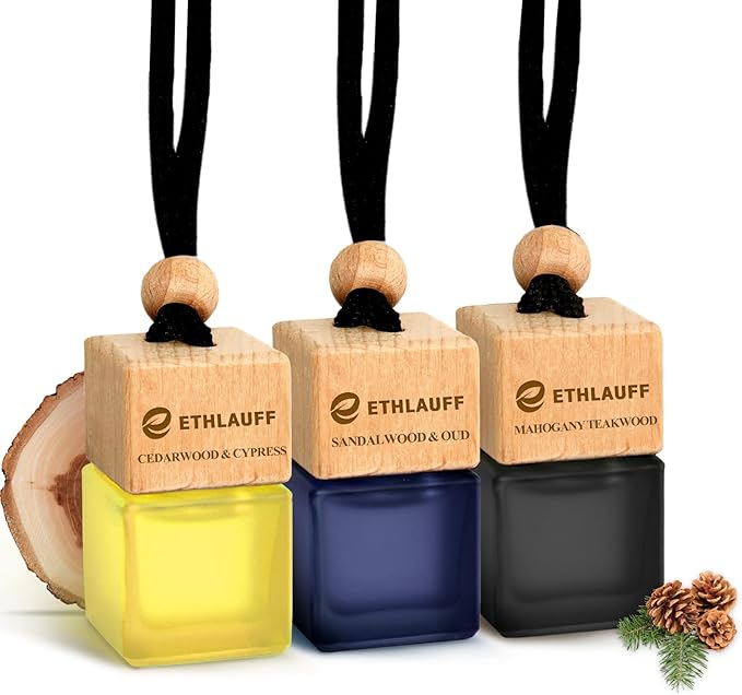 Car Air Freshener Hanging, 3 Pcs Teakwood Mahogany, Sandalwood & Oud, Cedarwood & Cypress, Wooden Scent Air Fresheners Diffuser for Car, 45+ days Long Lasting Fragrance, 0.27 FL OZ/8ML - Bloomnest