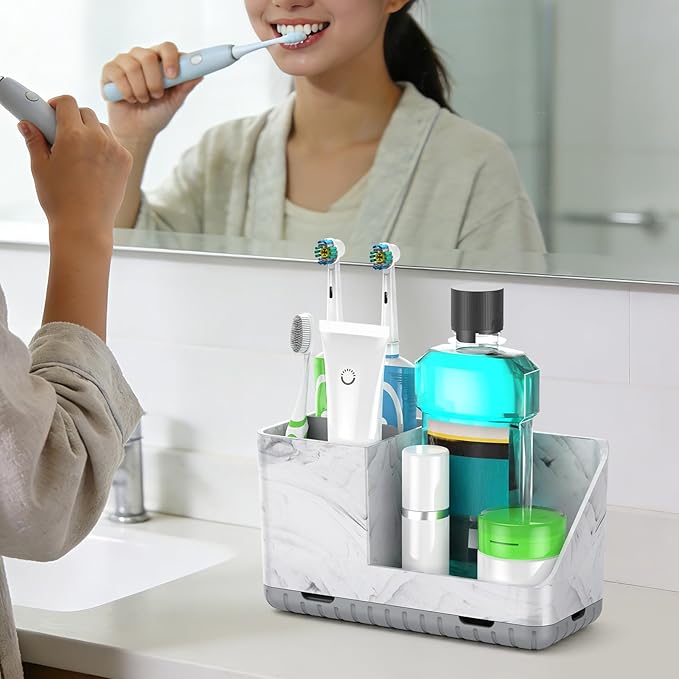 Toothbrush Holders for Bathroom Countertop, Kids Electric Toothbrush and Toothpaste Holder, Bathroom Accessories Vanity Organizer, Bathroom Organizers and Storage (Grey Marble Grain) - Bloomnest