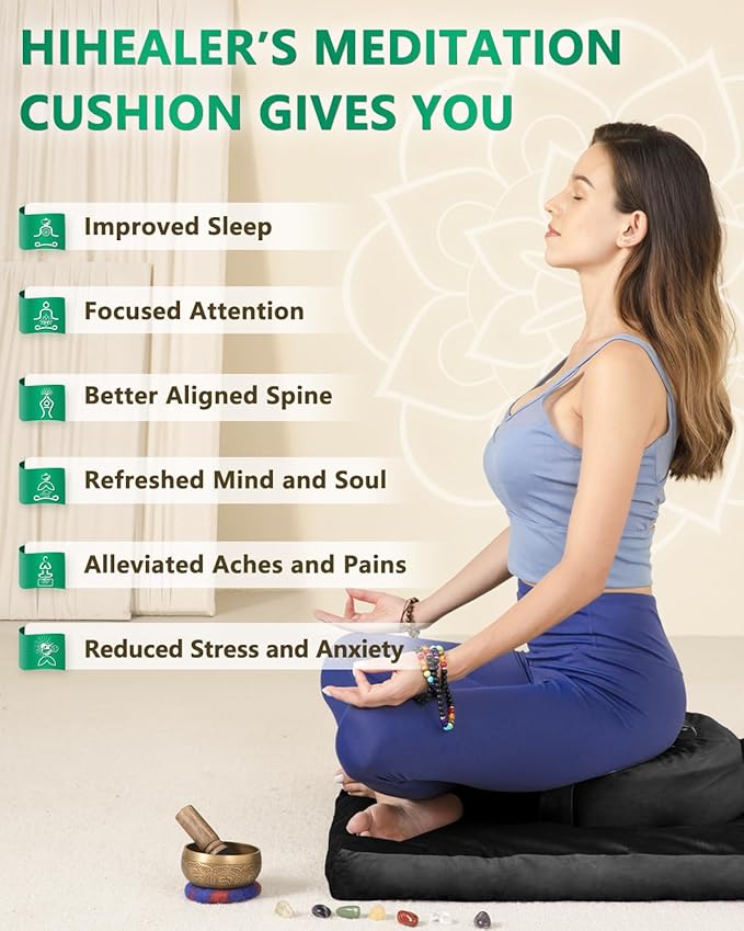 Hihealer Meditation Cushion Set Large Velvet Floor Pillow & Traditional Tibetan Yoga Bolster for Adults Zafu Meditation Mat with Buckwheat Filling (Black) - Bloomnest