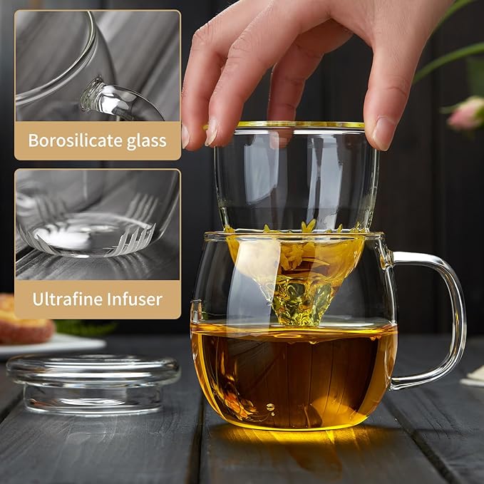 Glass Tea Cup with Infuser and Lid, 17oz/500ml Large Borosilicate Teacup, Clear Mug for Loose Leaf Tea, Blooming Tea, Tea Bags - Perfect Christmas or Birthday Gift for Women - Bloomnest