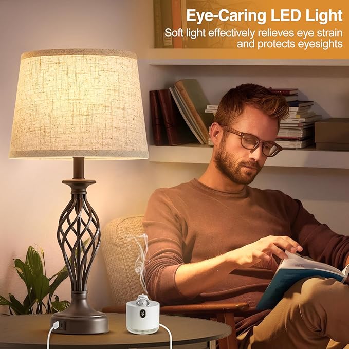 Table Lamp for Bedroom Set of 2 with USB C+A Ports - Modern Brown Bedside Lamps with Spiral Cage Base Fabric Shade - Nightstand Lamp for Living Room Reading Bed Side End Table 2 LED Bulbs Included - Bloomnest