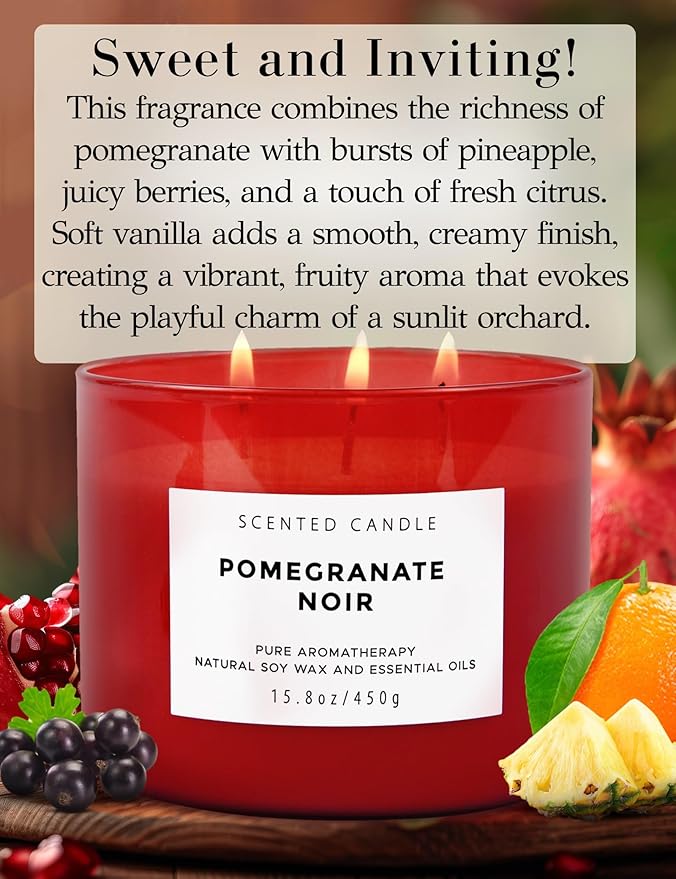 Pomegranate Noir Vanilla 3 Wick Candle | Highly Scented Natural Soy Candle 15.8 oz | Aromatherapy Stress Relief Candle Long Lasting & Clean Burn | Luxury Relaxing Gift for Home, Women & Men - Bloomnest