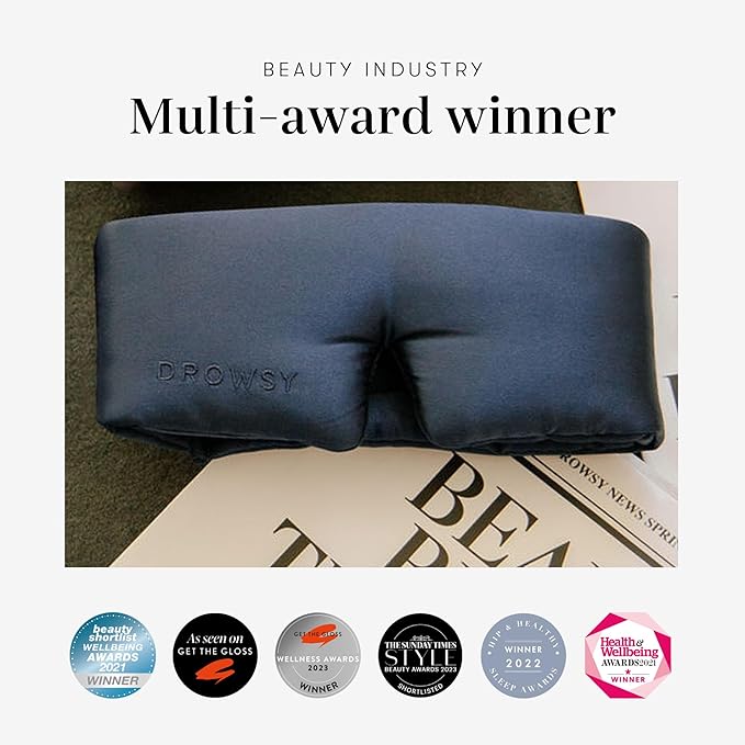 DROWSY Eyelash Protecting Silk Sleep Mask for Natural Lashes & Extensions. Deep Eye Cups, Zero Pressure, Total Blackout, Full Wraparound (Midnight Blue) - Bloomnest