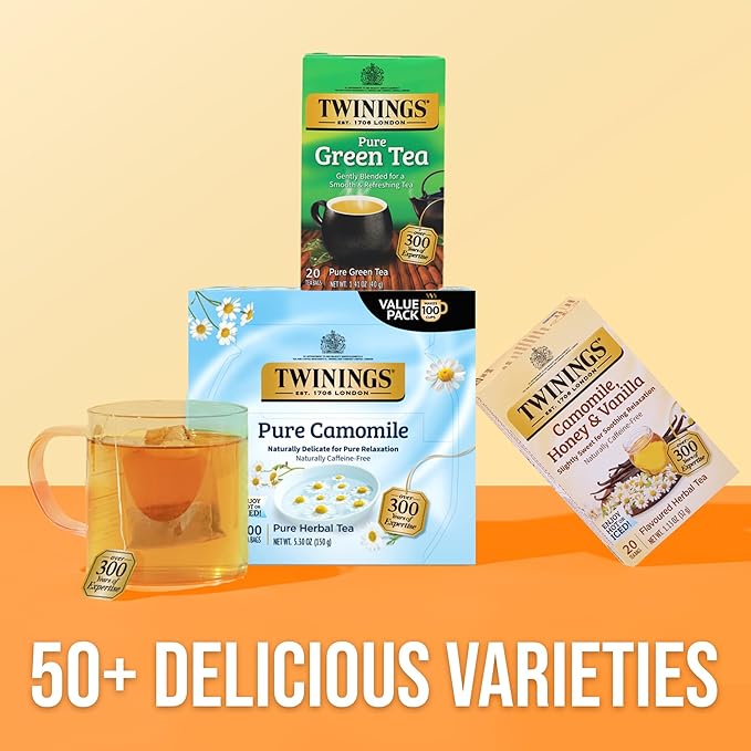 Twinings Pure Camomile Herbal Tea Individually Wrapped Bags, 100 Count (Pack of 1), Delicate for Pure Relaxation, Naturally Caffeine-Free, Enjoy Hot or Iced, 100 Teabags - Bloomnest