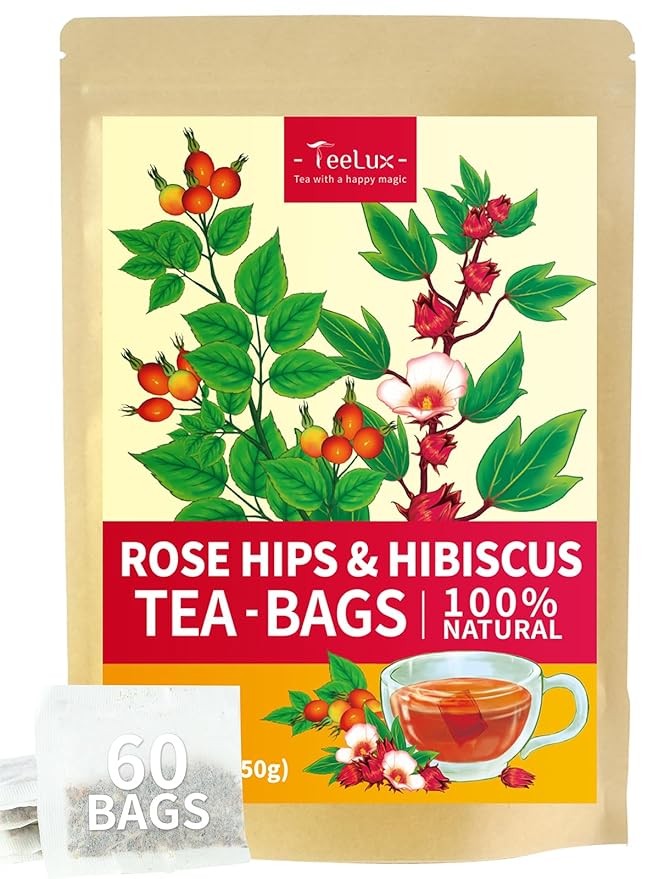 TeeLux Rosehip & Hibiscus Tea Bags, 2.5g/bag, Slight Tart Taste & Fruity Flavor, Caffeine Free, 60 Count - Bloomnest