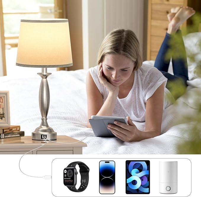 Bedrooms Touch Control Bedside Lamp with USB C+A, 3 Way Dimmable Nightstand Lamps with USB Port, Brushed Nickel Table Lamp for Living Room Guest Room Bed Side End Table, Set of 2 - Bloomnest