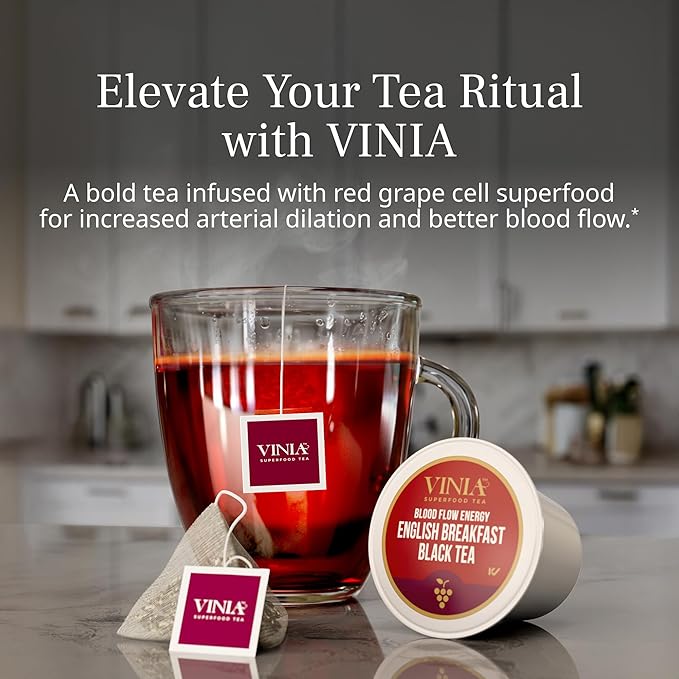 VINIA English Breakfast Black Tea K-Cup Pods, Made with Organic Tea, Infused with Piceid Resveratrol for Heart Health, Nitric Oxide, Physical Energy, Blood Flow, Keto, Kosher, NON-GMO. 30 Ct - Bloomnest