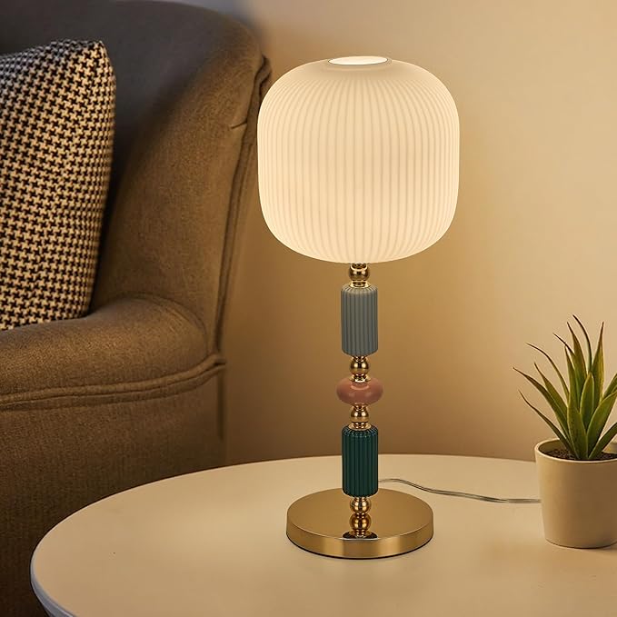 Milk White Glass Shade Table Lamp Modern Metal Desk Lamp with Plug Cord Switch for Bedroom Dining Room - Bloomnest