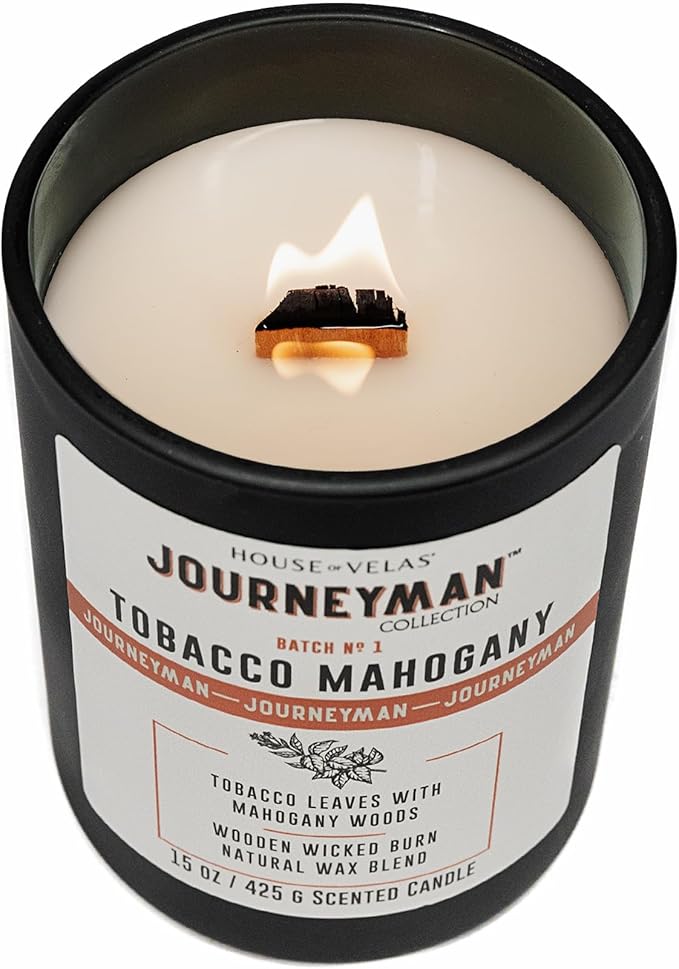 Journeyman Collection Candle, 15oz, Wooden Wick, Tobacco Mahogany, Large Painted Jar - Bloomnest
