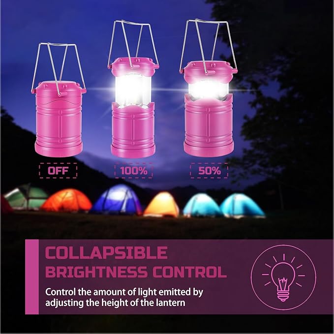 Lichamp LED Camping Lantern, 4 Pack Battery Powered Flashlight for Power Outages, Portable Collapsible Hanging Light Essential for Home, Outdoor, Emergency Lamp Survival Kit Gear for Hurricane, Pink - Bloomnest