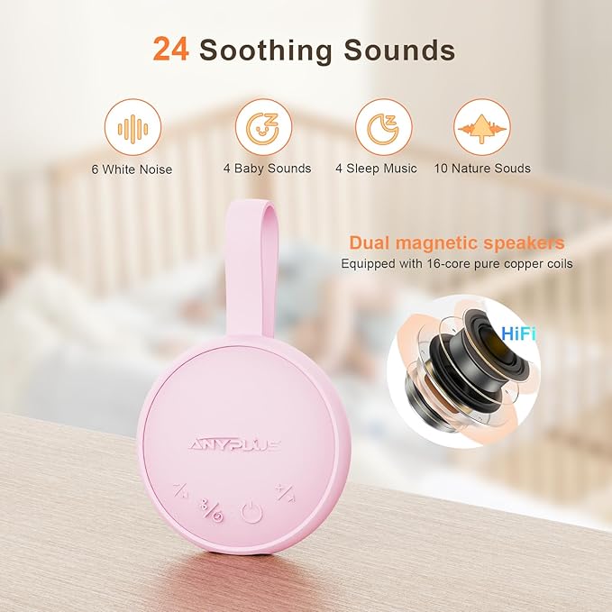 White Noise Sound Machine, Portable Sound Machine for Sleeping Adults & Baby, with Bluetooth 5.1/24 Soothing Sounds/Battery Powered/3 Timer Memory Function for Office/Bedroom/Travel（Pink）