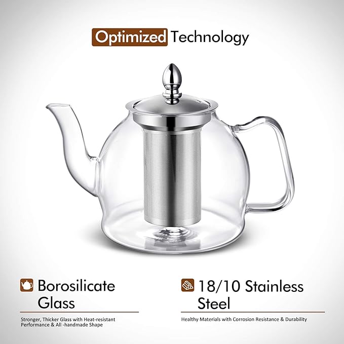HIWARE 1000ml Glass Teapot with Removable Infuser, Stovetop Safe Tea Kettle, Blooming and Loose Leaf Tea Maker Set - Bloomnest