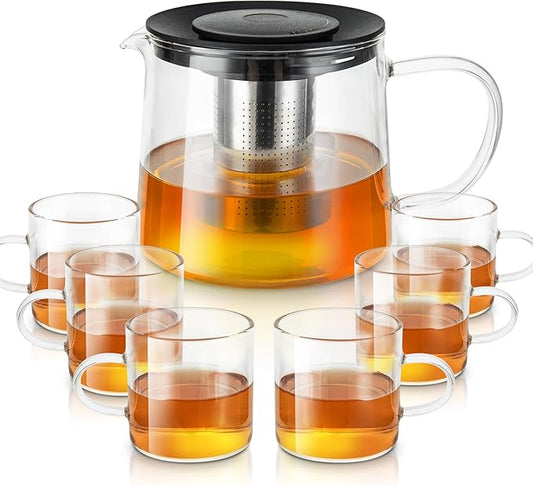 Glass Teapot 51oz/1500ml with 6 Pack Tea Cups Gift Set, Removable Stainless Steel Infuser Tea pot, Heatproof Borosilicate Glass Tea Make, Stovetop Safe Glass Tea Kettle for Loose and Blooming Leaf Tea - Bloomnest