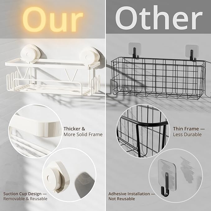 KEGII Shower Caddy Suction Cup with Hooks, Large Capacity Shower Suction Shelf, Heavy Duty Bathroom Organizer, No Drilling Stainless Steel Shampoo Holder for Bathroom Storage, Cream White - Bloomnest