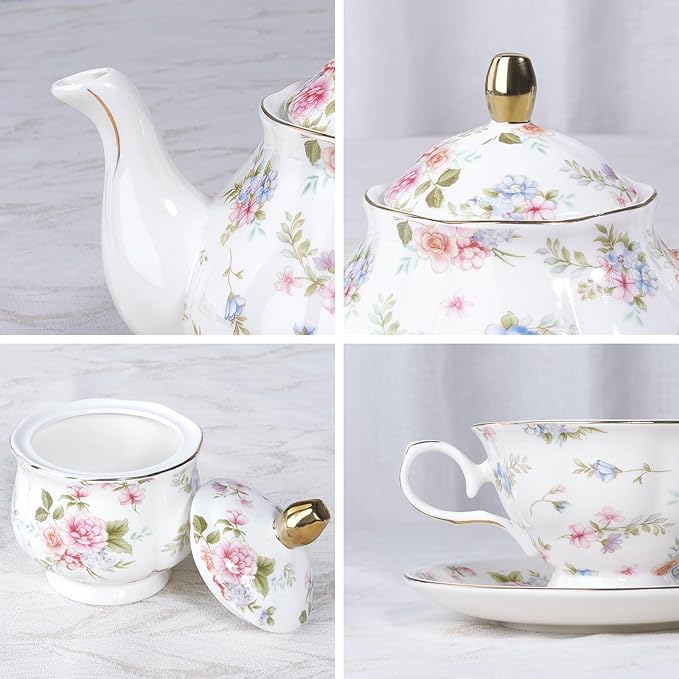 fanquare 21 Pieces Pink Blue Floral Porcelain Tea Set with Gold Trim, British Style Coffee Set for Adults, Vintage Romantic Gift Tea Sets for Wedding, Birthday, Women Tea Party - Bloomnest
