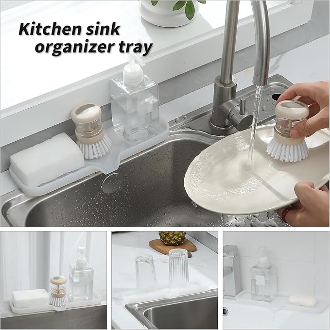 Silicone Bathroom Soap Dishes with Drain Spout-Bathroom and Kitchen Sink Organizer,Sponge Holder,Dish Soap Tray,Perfect for Dispenser,Scrubber,Bottle,Cup on Sink or Counter-Translucent 12"×4" - Bloomnest