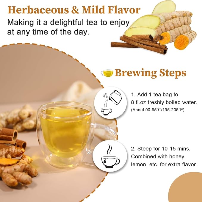 FullChea - Turmeric Ginger Cinnamon Tea Bags, 50 Count, 2g/bag - Premium Turmeric, Ginger, Cinnamon - Non-GMO - Caffeine-free - Aid Digestion & Boost Immunity - Bloomnest