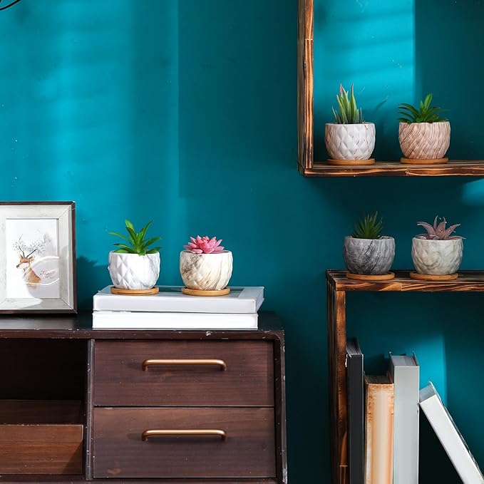 Marbling Ceramic Flower Pot 3.35 Inch Succulent Small Plant Cactus Herbs Planter Ceramic Pot with Drainage Hole Matte Round Container(6 Pcs,Elegance Style) - Bloomnest