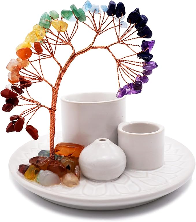 5 in 1 Incense Burner Holder with Crystal Healing Tree, Palo Santo Holder, Sage Holder, Incense Holder for Sticks/Cones/Candles, Ceramic Tray Ash Catcher for Burning Incense, Meditation Gift (White) - Bloomnest