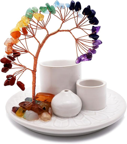 5 in 1 Incense Burner Holder with Crystal Healing Tree, Palo Santo Holder, Sage Holder, Incense Holder for Sticks/Cones/Candles, Ceramic Tray Ash Catcher for Burning Incense, Meditation Gift (White) - Bloomnest