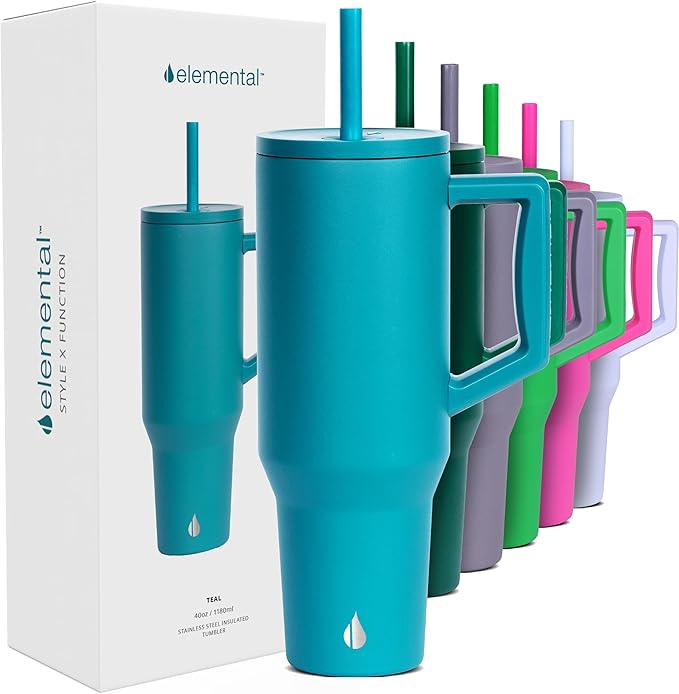 Elemental 40 oz Tumbler with Handle and Straw - Spill Proof Insulated Stainless Steel Commuter for Hot and Cold Beverages - Travel Coffee Mug with 2 Straws & Spill Proof Lid - 40oz - Teal - Bloomnest