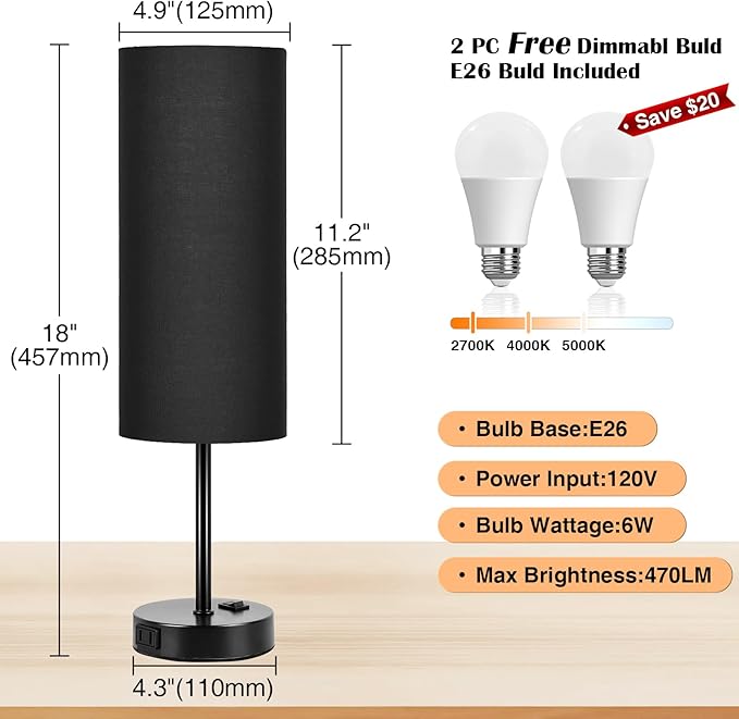 ZJOJO Table Lamp for Bedroom 2 Pack,18in Bedside Lamps with 3 Way Dimmable Rocker Switch & AC Outlet,Nightstand Desk Lamp with Black Fabric Shade Black Base for Living Room Home Decor Lights - Bloomnest