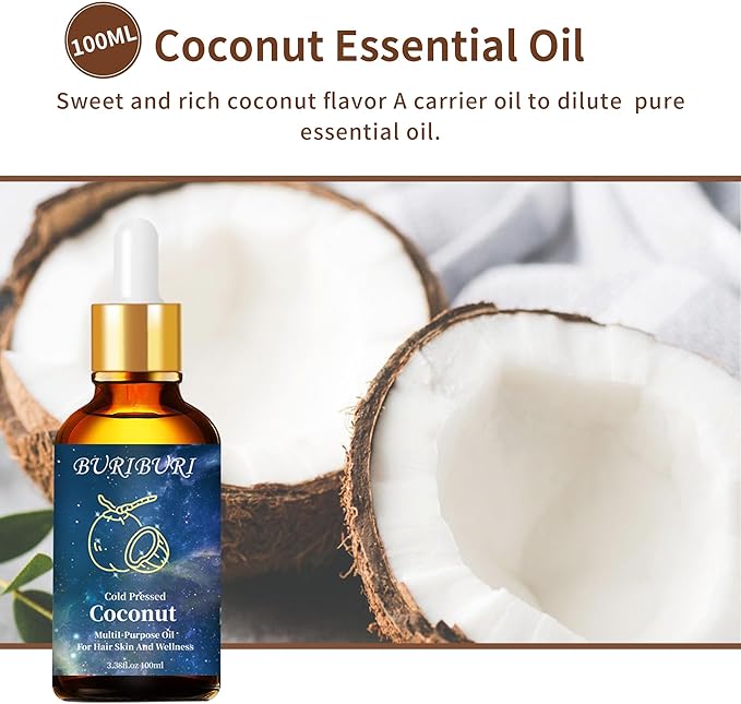 BURIBURI Coconut Essential Oil 100ml Premium Grade Scented Oil Coconut Fragrance Oil Carrier Oil for Diffusers, Massage, Candle Making Soap Making BURIBURI