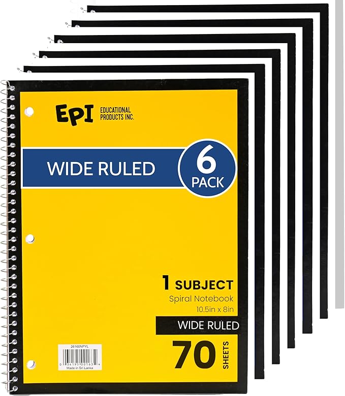 EPI Spiral Notebook | Wide - 70 Sheets, Durable Spiral Binding | 10.5 x 8 in | Classroom Supplies | School, Office, Note Taking, Journaling - 6 Pack - Bloomnest