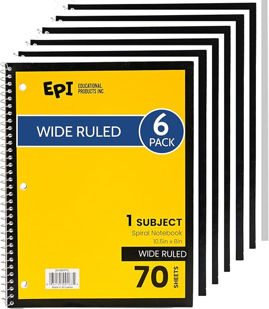 EPI Spiral Notebook | Wide - 70 Sheets, Durable Spiral Binding | 10.5 x 8 in | Classroom Supplies | School, Office, Note Taking, Journaling - 6 Pack - Bloomnest