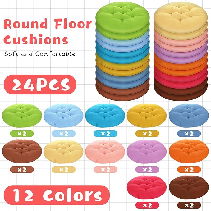 Tinideya 24 Pcs Round Floor Cushions Floor Pillows Meditation Seat Pillows Flexible Seating for Adults Kids, Chair Cushions for Classroom, Nursery, Living Room, Yoga(Medium 15.7 Inch,Colorful) - Bloomnest