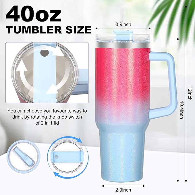 40 oz Tumbler with Handle and Flip Straw Lid, Vacuum Insulated Leak Proof Double Walled Stainless Steel Glitter Travel Mug Tumblers, Maintains Cold Ice and Heat for Hours(Pink Blue Gradient) - Bloomnest