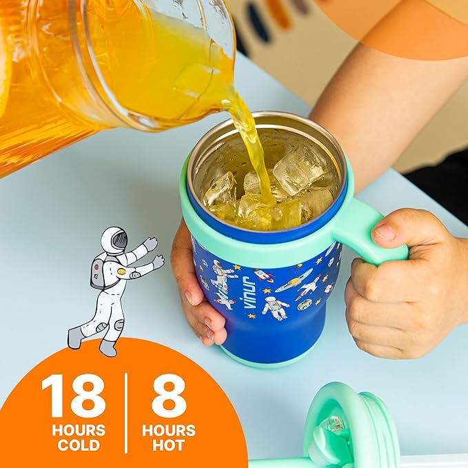 VINUR Kids Tumbler with Handle 14 oz Stainless Steel Double Wall Vacuum Insulated Tumbler with Lid and Straw, Leak Proof Water Cup for Travel (Astronaut) - Bloomnest