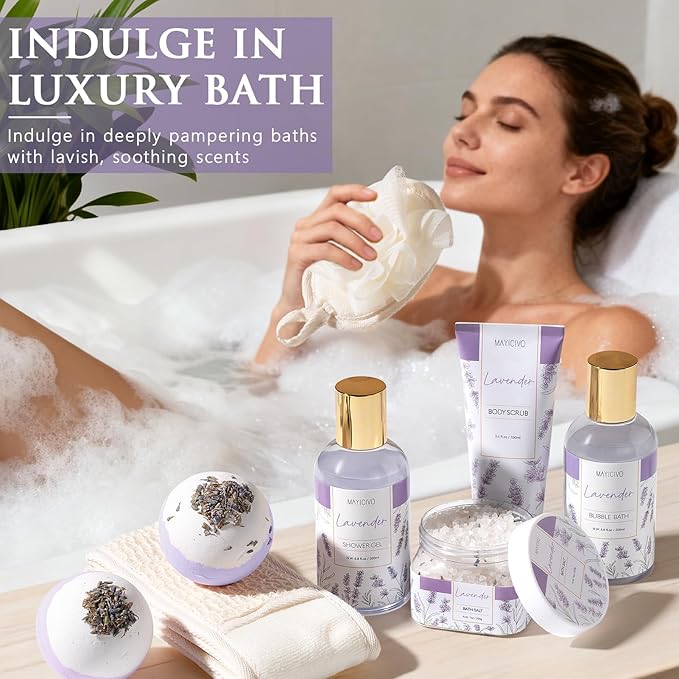 Birthday Gifts for Women, Lavender Relaxing Spa Gift Baskets for Women Self Care Package Bath Gift Set, Home Bath and Body Kit Pamper Valentines Day Gifts for Her Womens Mom Friends Wife Girlfriend - Bloomnest