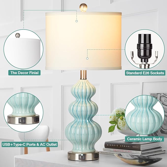 Ceramic Table Lamps Set of 2, Green Modern Bedside 26" Nightstand Lamp 3-Way Dimmable Lamp for Bedroom Living Room Contemporary, Side Table Lamp, Bulbs Included - Bloomnest