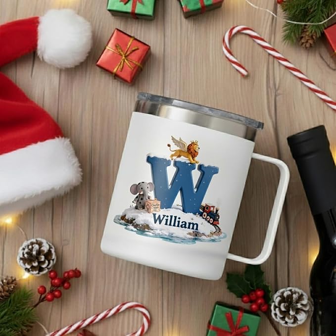 Personalized Kids Hot Chocolate Mug with Custom Name, Magical Lion & Train Christmas Tumbler for Boys & Girls - 14oz Insulated Stainless Steel Cup with Handle & Lid, Unique Holiday (B66) - Bloomnest