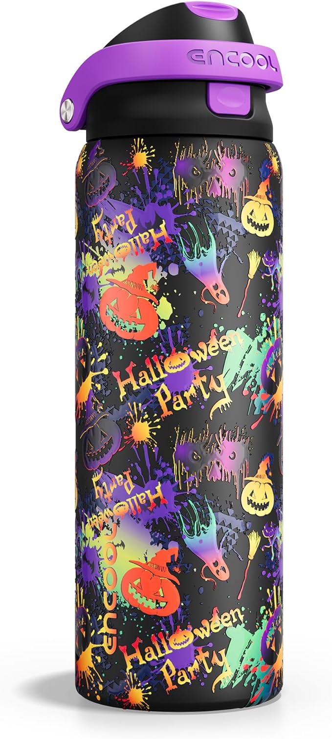 Encool SwiftSip Insulated Stainless Steel Water Bottle with Straw - Leak Proof Sports Water Bottle for School, Travel, Keeps Cold All Day, One-Touch Flip Lid, BPA-Free, 32 oz, Ghost Party ENCOOL