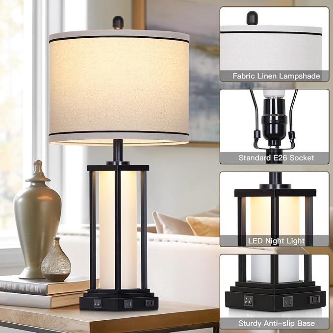 27" Tall Vintage Table Lamp Set of 2 with USB C+A & Outlet,Black Industrial End Table Lamp for Living Room,Farmhouse Rustic Bedside Lamps with Frosted Glass Night Light for Bedroom Nightstand,Black - Bloomnest