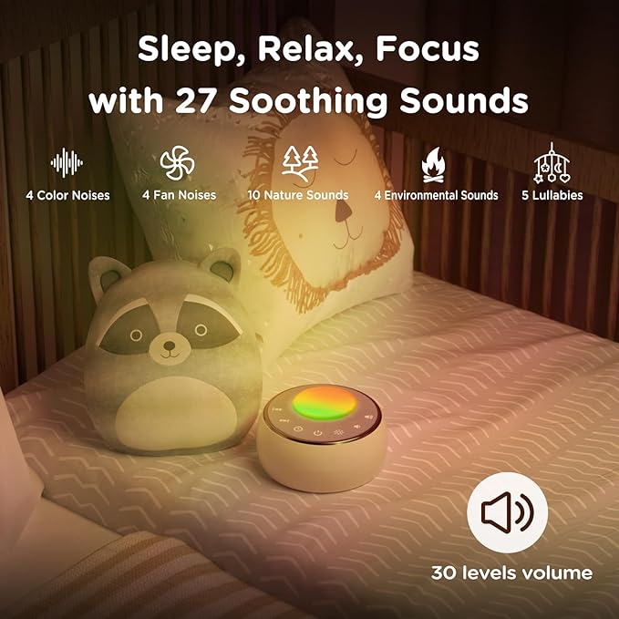 Peakeep White Noise Portable Sound Machine Sleeping Light for Adults Baby, Loud Clear Speaker, 25 Hours Continuous Audio 27 Noise Fan Nature No-looping Sounds, 30 Volume, Battery Operated - Bloomnest