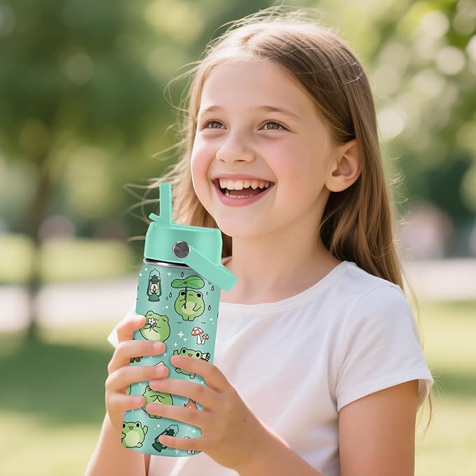 Frog Gifts for Kids - 16oz Cute Green Frog Water Bottle with Straw Lid, Stainless Steel Insulated Tumbler, Leakproof, BPA-Free, for Boys & Girls, School - Animal Frogs Lovers Birthday Gift Cup (1pc) - Bloomnest